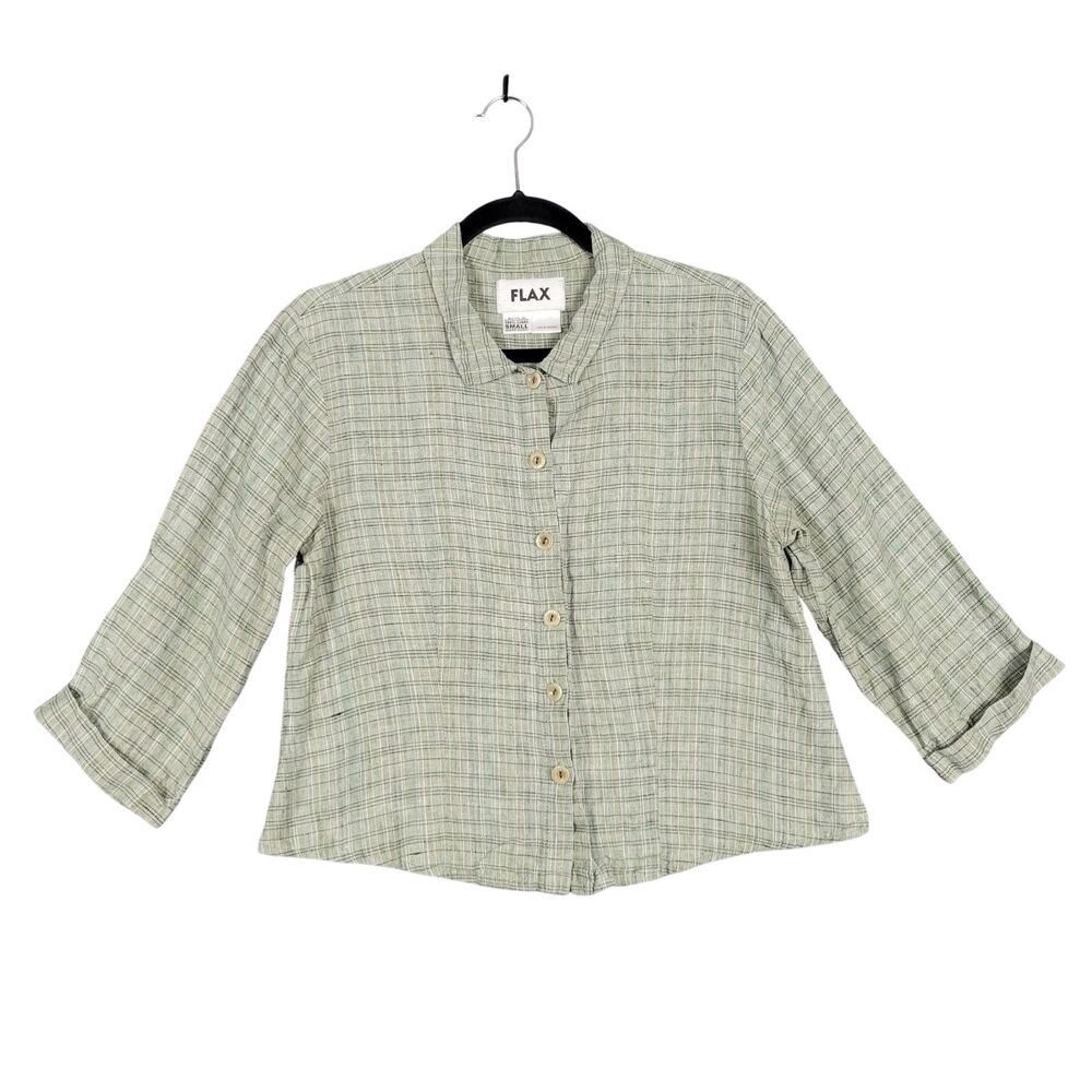 FLAX Green Plaid Linen 3/4 Sleeve Button Up Top Lagenlook Cottagecore SIZE SMALL